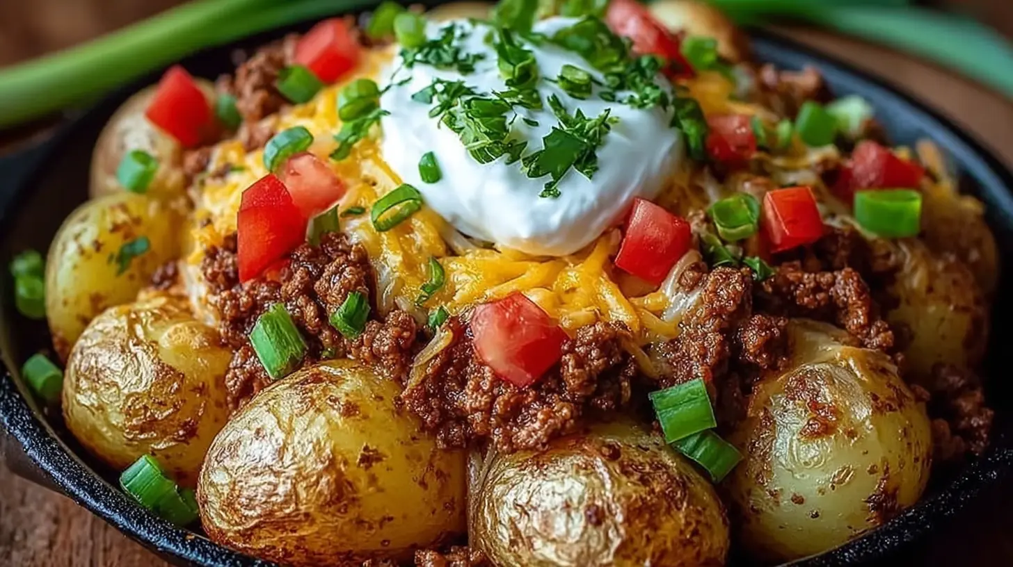 Close-up of cheesy taco potatoes, garnished with sour cream and cilantro.