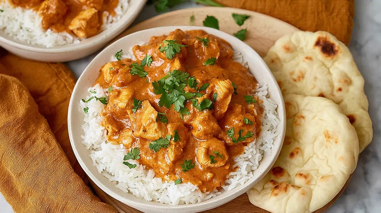 Delicious homemade butter chicken served with naan bread