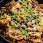 Delicious beef enchilada skillet, freshly made in a single pan.