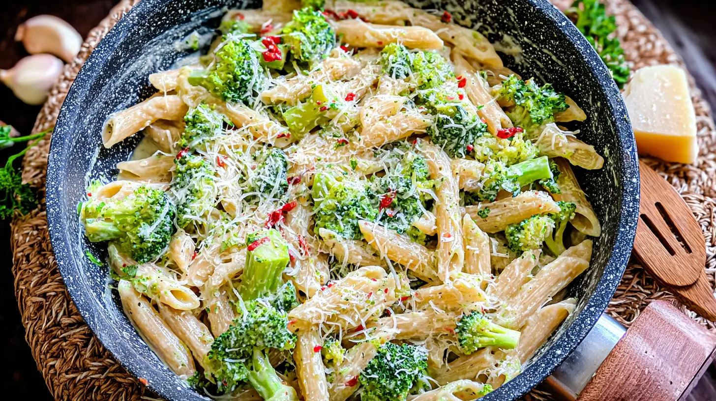 A bowl of easy healthy broccoli pasta with vibrant green florets.