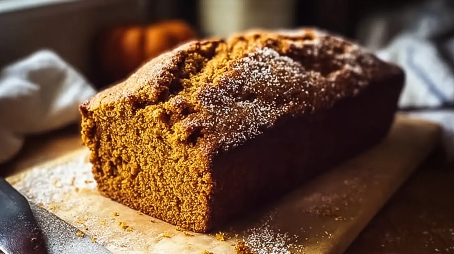 A freshly baked loaf of easy pumpkin bread on a cooling rack.