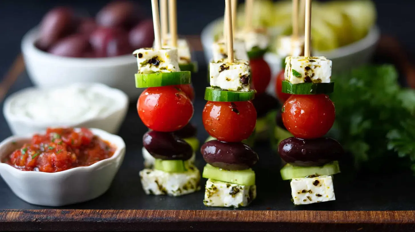 Close-up of fresh feta skewers with cucumber and olives.