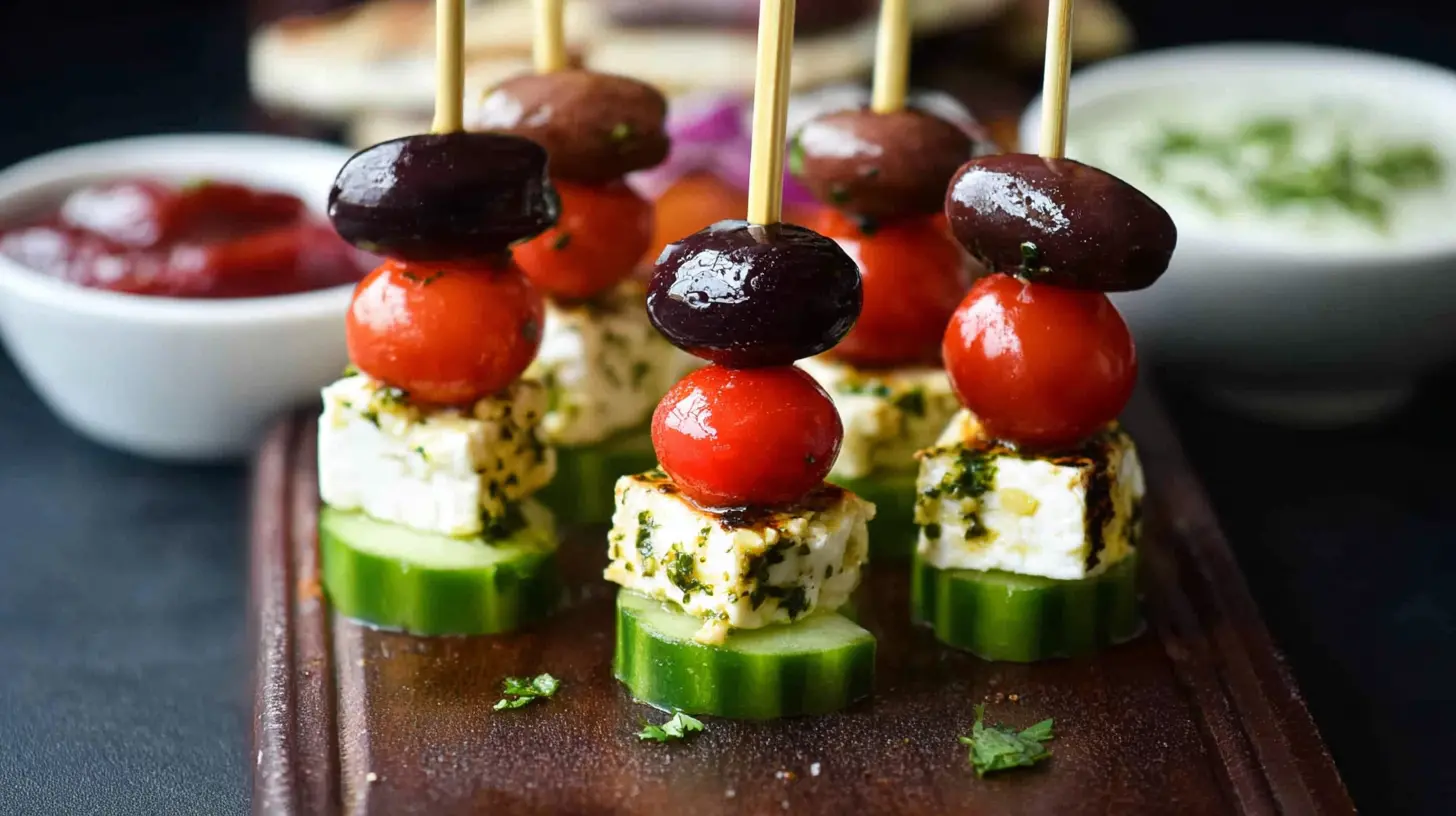 Feta skewers with cucumber and cherry tomatoes arranged on a platter
