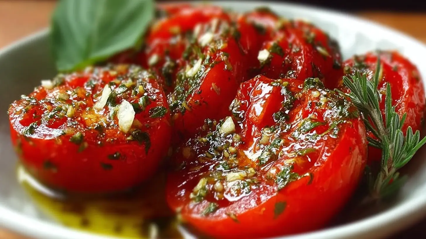 Fresh Tomatoes in Herb Marinade: 3 Best Ways to Serve 2 Fresh tomatoes soaking in an herb marinade