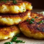 Golden brown mashed potato cakes with chives.