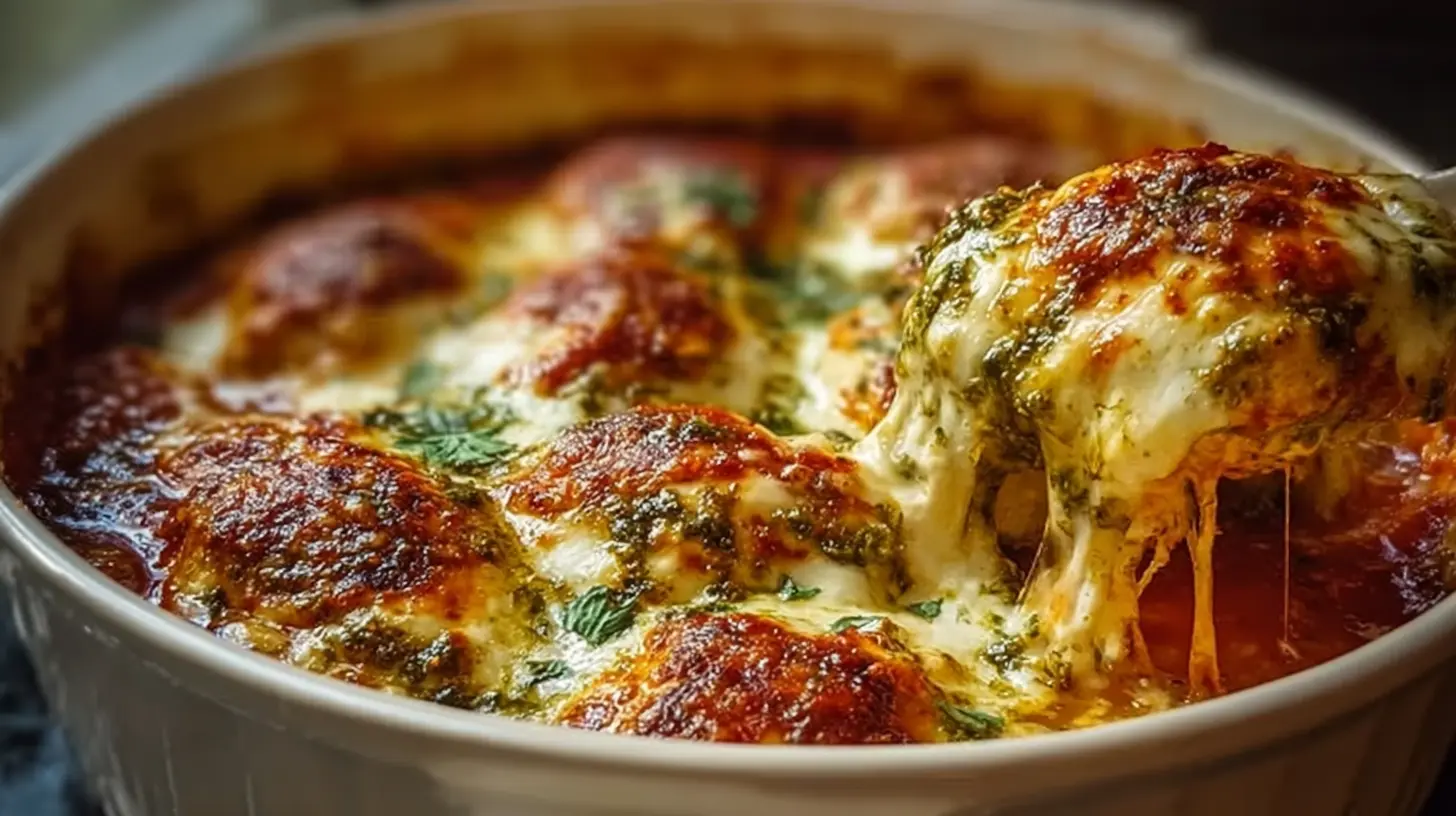 Golden brown Cheesy Mozzarella Chicken Casserole, fresh from the oven.