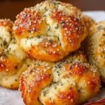 Golden brown Parmesan garlic knots sprinkled with herbs.