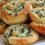 Close-up of flaky spinach dip pinwheels with a hint of golden-brown crust.