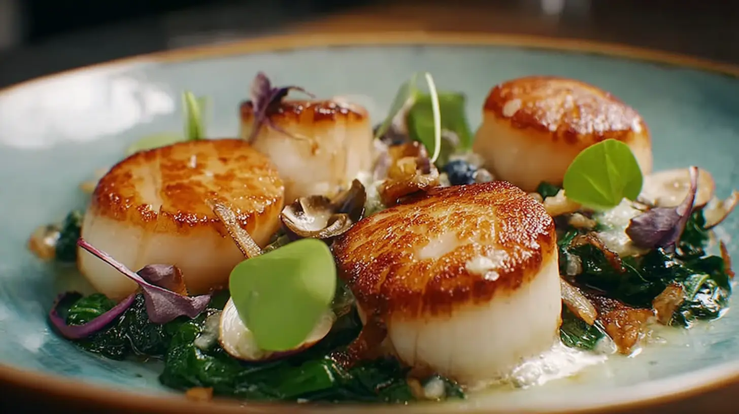 Gordon Ramsay pan seared scallops on a white plate with garnish, perfectly cooked.