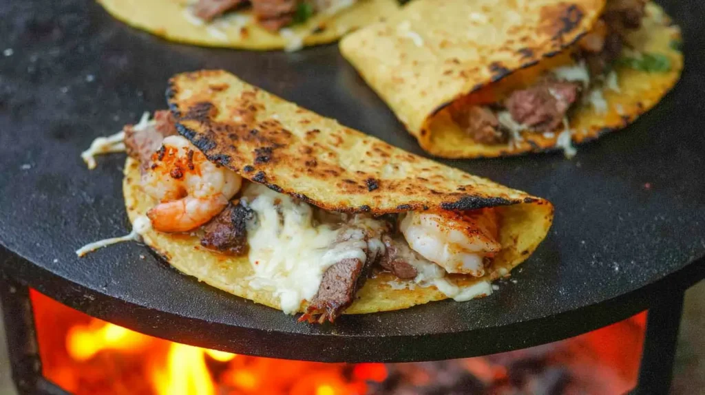 Gourmet steak and shrimp tacos served on a wooden board