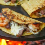Gourmet steak and shrimp tacos served on a wooden board