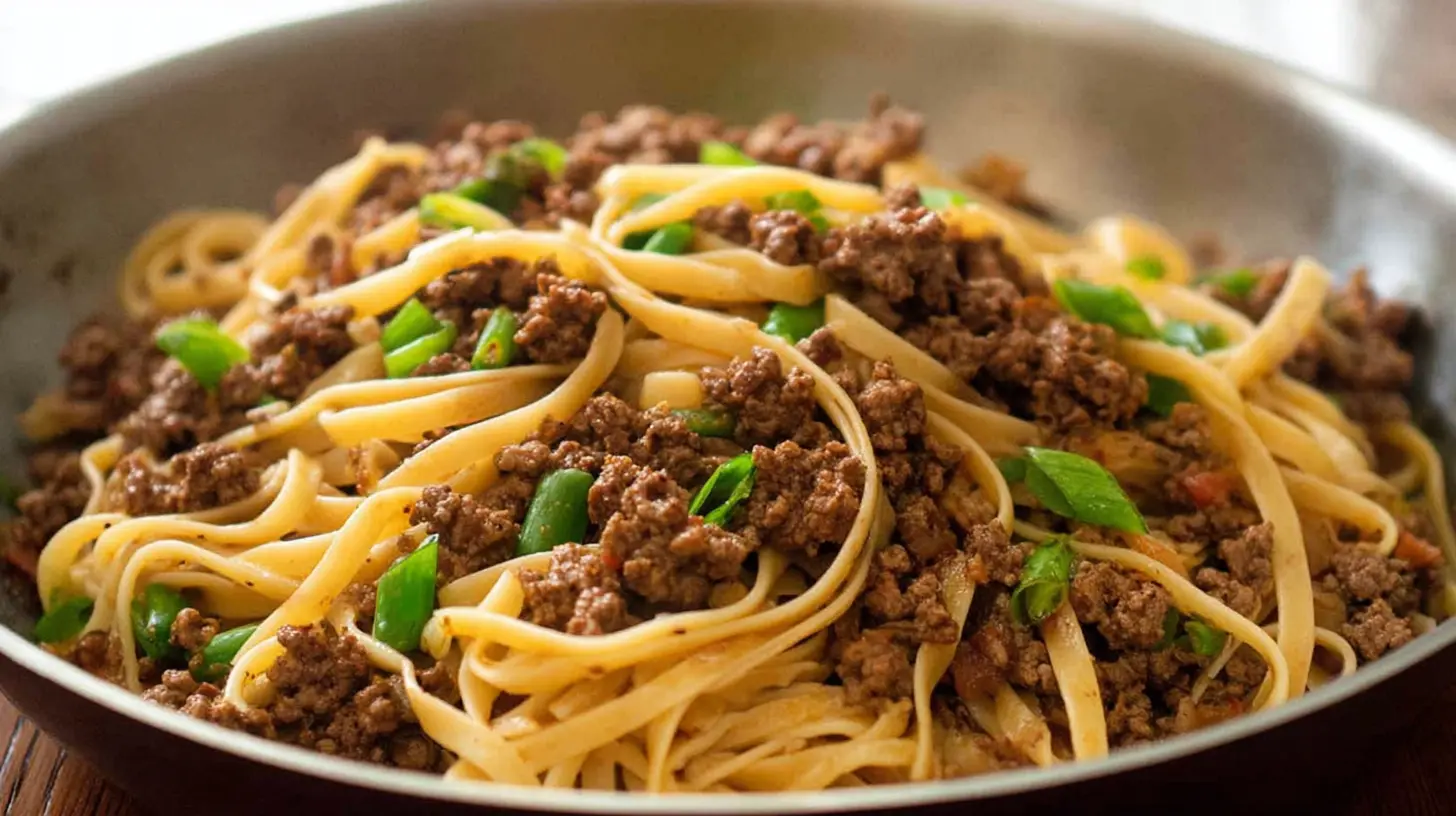Mongolian Ground Beef Noodles: How to Make 1 Perfect Bowl 1 Delicious Mongolian ground beef noodles ready to be served, garnished with fresh scallions.