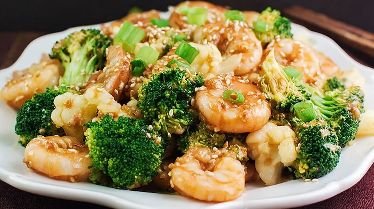 Close-up of a bowl filled with low carb shrimp and broccoli