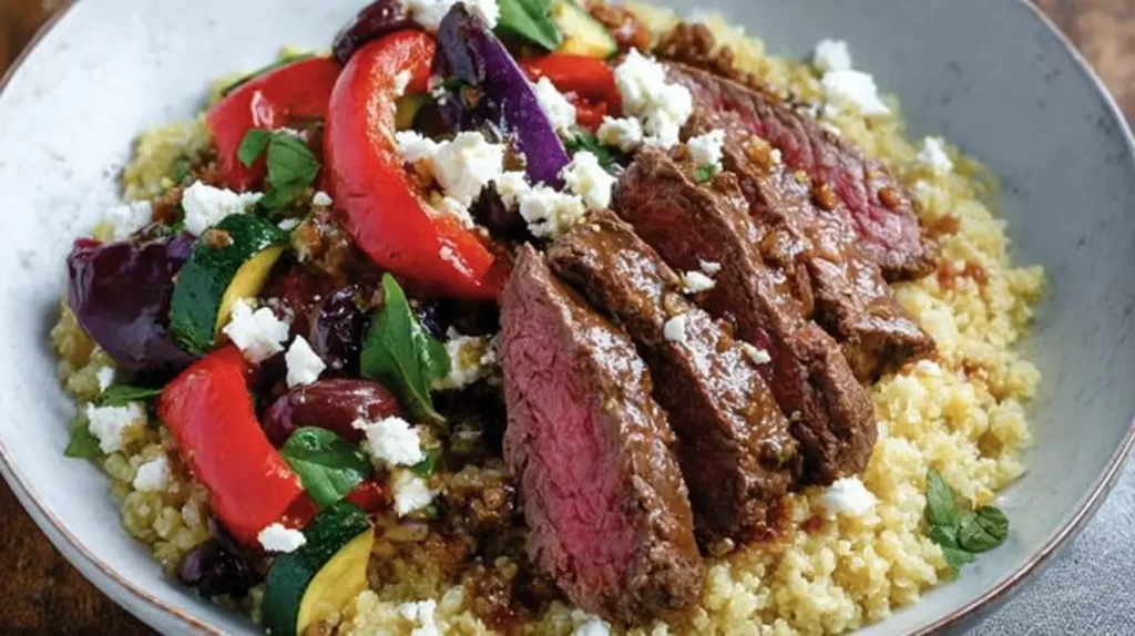 Close-up of a delicious Mediterranean steak bowl recipe