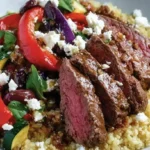 Close-up of a delicious Mediterranean steak bowl recipe