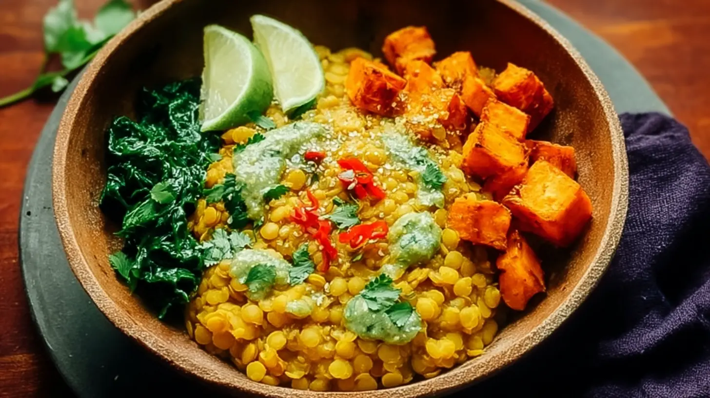 Close-up of a hearty vegan curried lentil bowl, rich in color and texture.