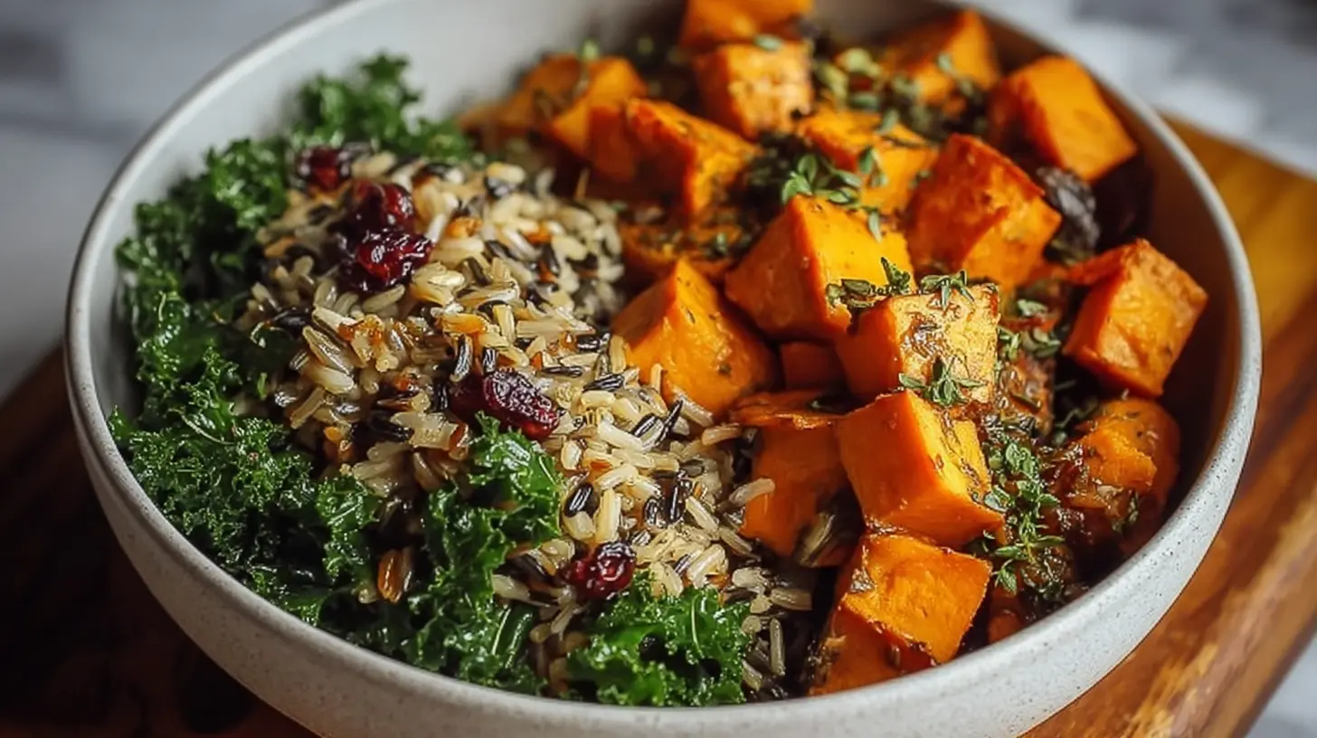 A hearty wild rice bowl with vibrant sweet potatoes and fresh kale.