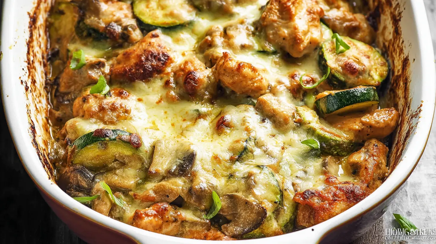 A hearty chicken and zucchini casserole dish.