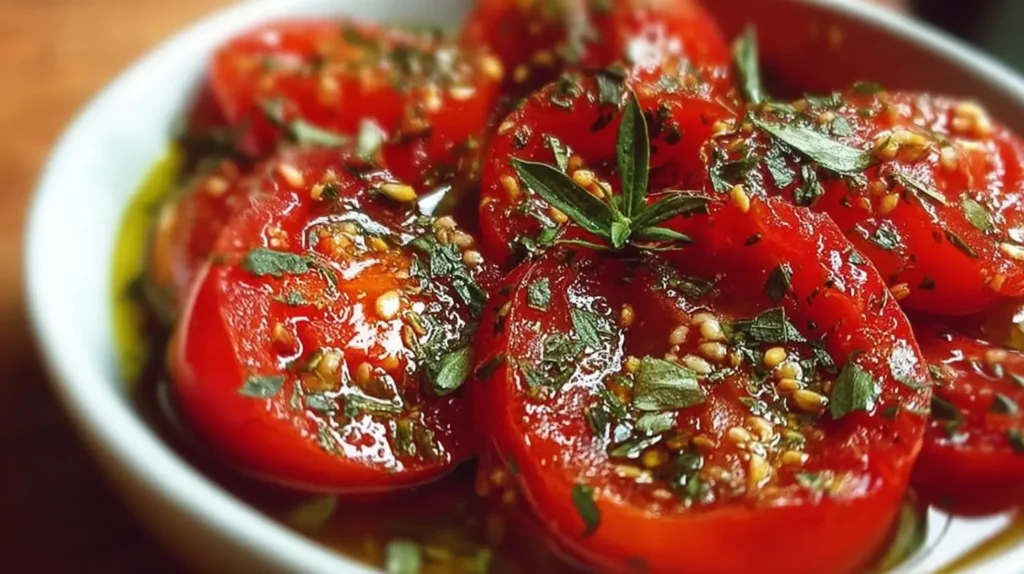 Sliced fresh tomatoes flavored with herbs and oil