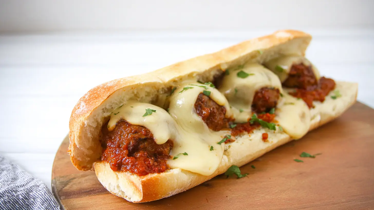A close-up of a hot cheesy meatball sub, fresh out of the oven