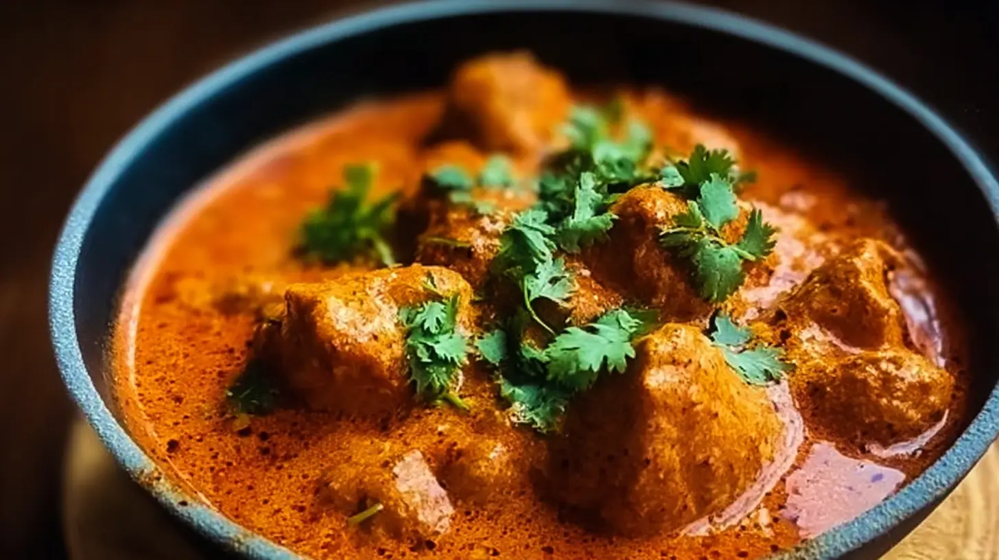 A rich and creamy Indian Butter Chicken dish in a bowl, garnished with cilantro.