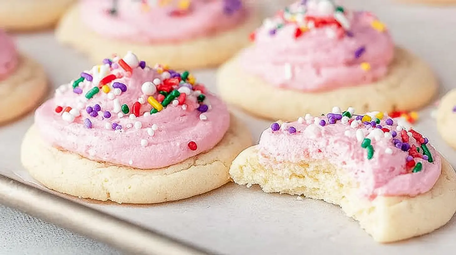A plate stacked with soft Lofthouse sugar cookies, frosted and colorful.