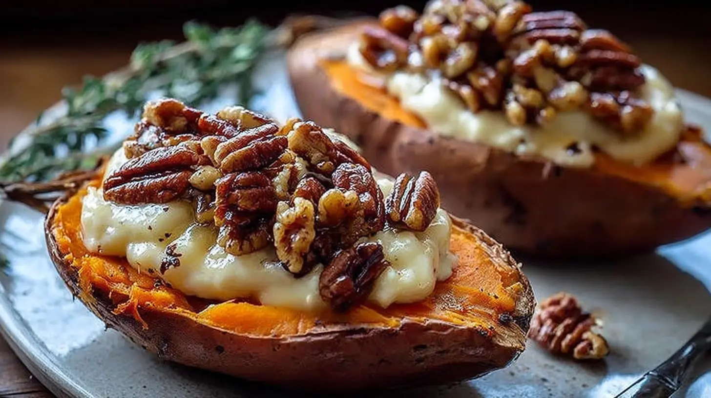 Maple Pecan Brie Sweet Potatoes: My 6 Favorite Tips 2 A platter of maple pecan brie sweet potatoes, garnished with fresh herbs