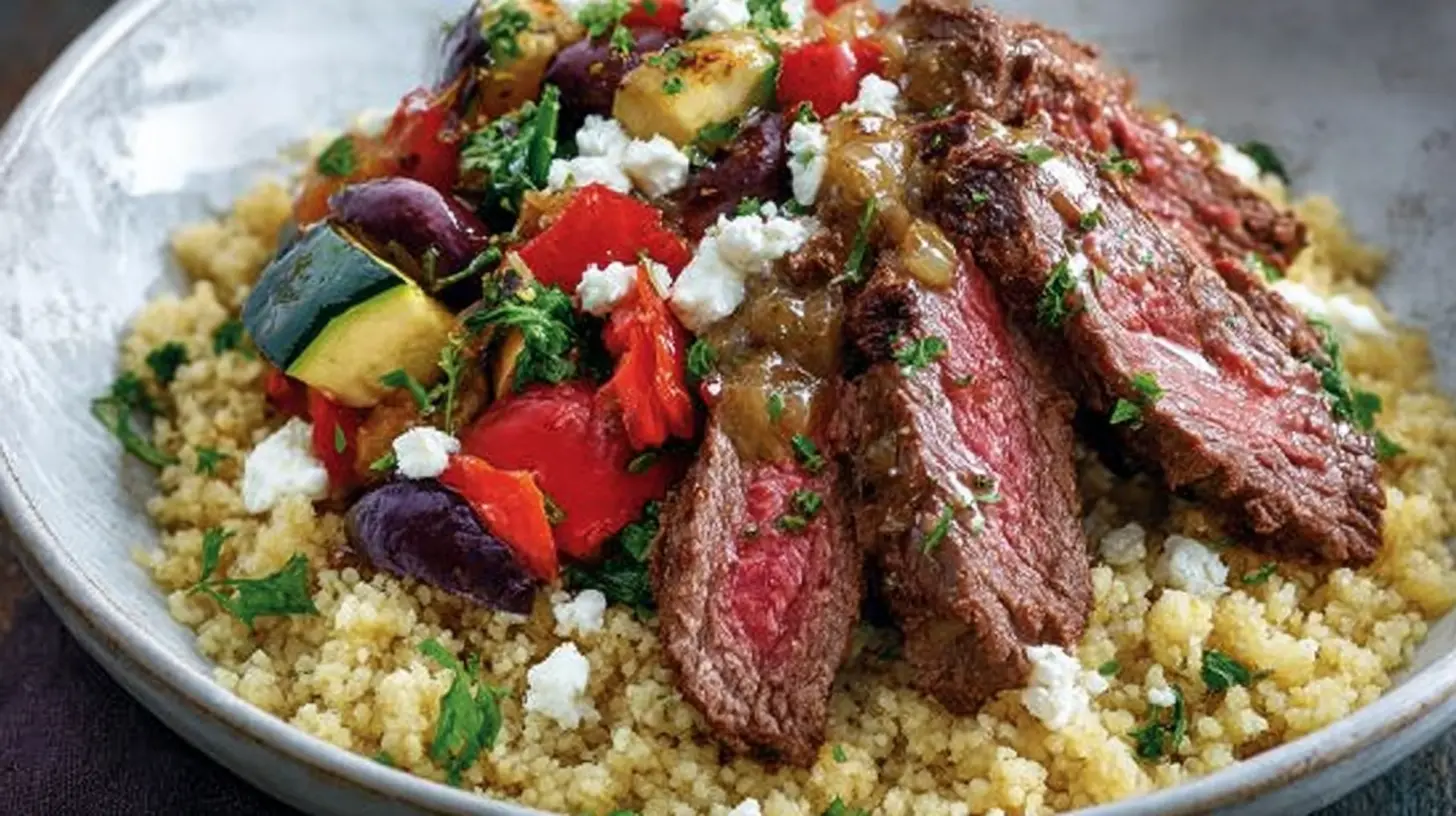 A vibrant Mediterranean steak bowl recipe with fresh vegetables