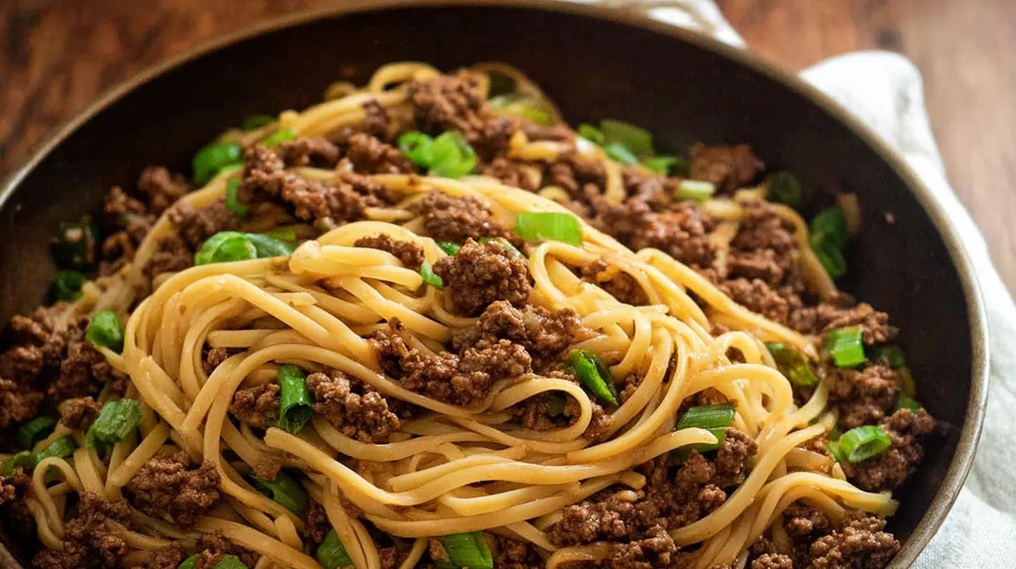 Mongolian Ground Beef Noodles: How to Make 1 Perfect Bowl 2 A close-up of Mongolian ground beef noodles in a bowl, showing the savory sauce and tender beef.