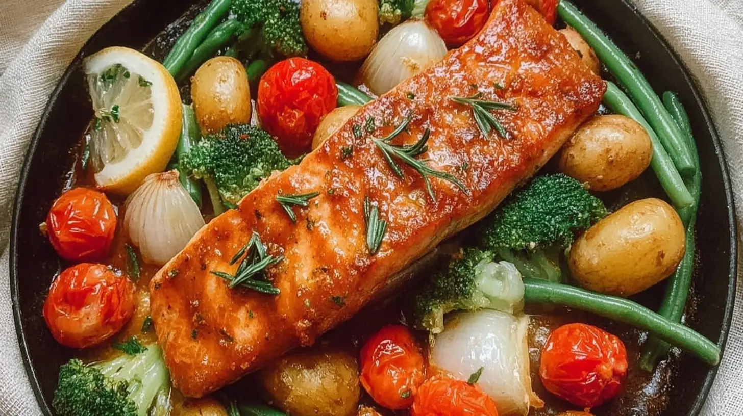 A savory one pan maple salmon with roasted vegetables displayed artfully.