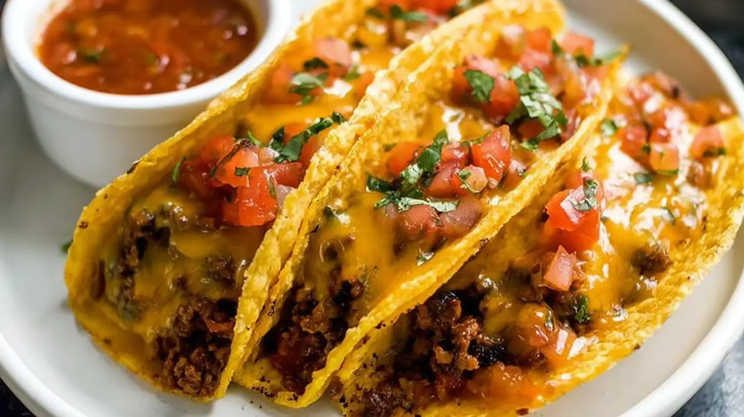 Several oven-baked cheesy tacos arranged neatly on a baking sheet, ready to serve.