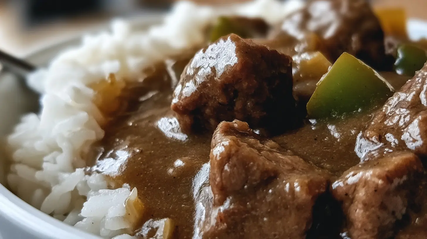 A steaming bowl of Pioneer Woman Beef Tips And Gravy ready to be served over noodles.