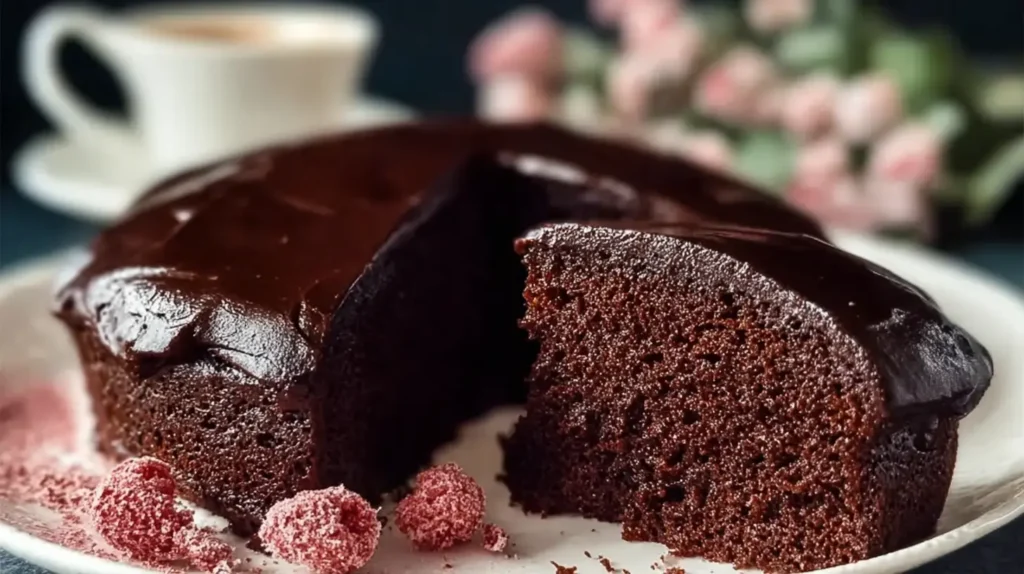 Close-up of a rich, moist chocolate cake with smooth chocolate ganache