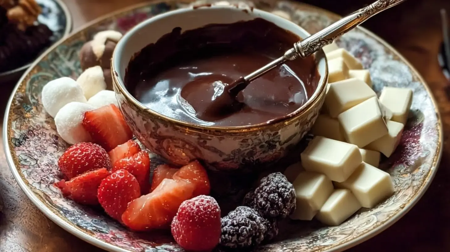 A pot of rich, melted chocolate fondue with dippers