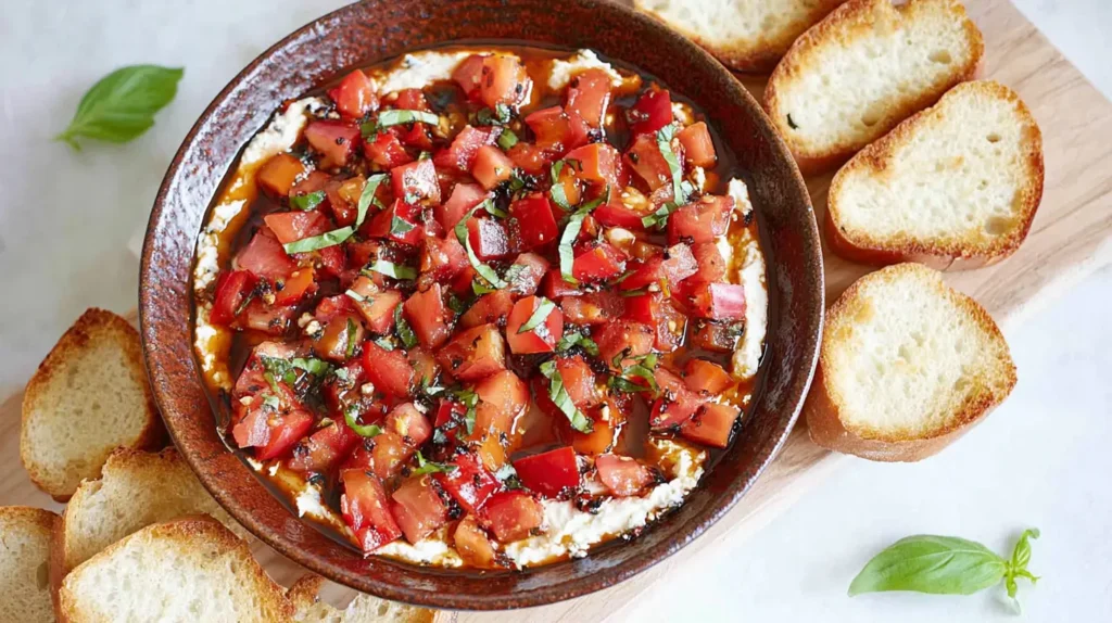 Close-up of a colorful bruschetta dip, featuring diced tomatoes and basil