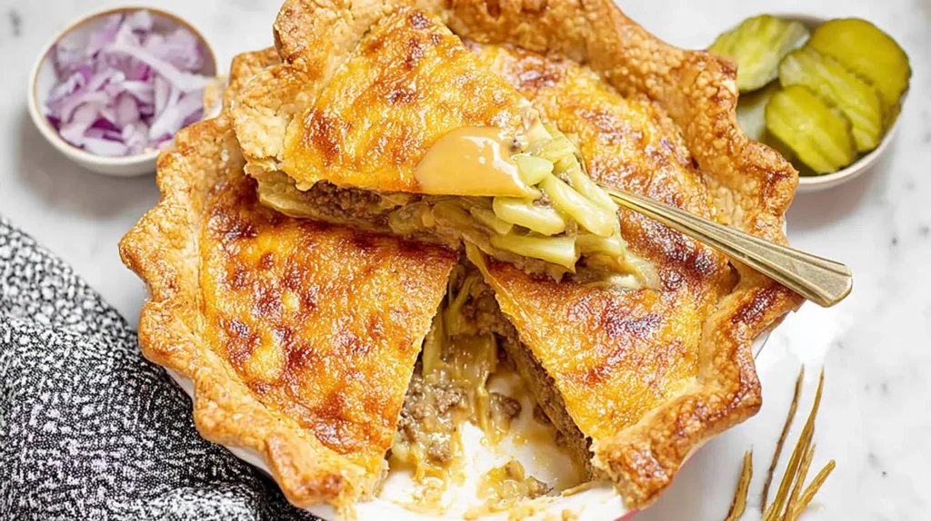 Close-up of a savory homemade cheeseburger pie, showing its delicious texture.