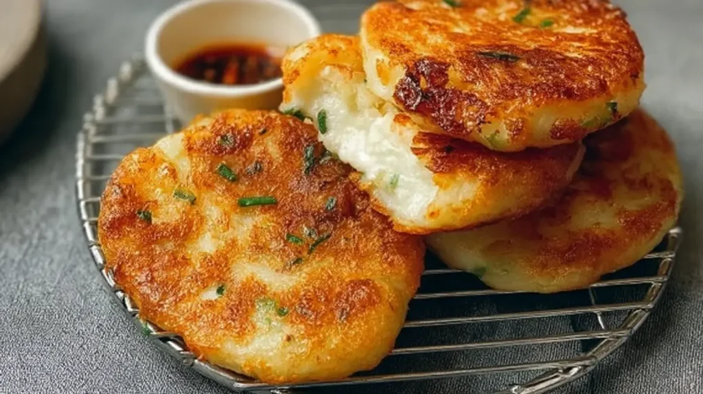 Several Korean Hotteok Potato Cheese Pancakes stacked on a plate, showing their crispy exterior.