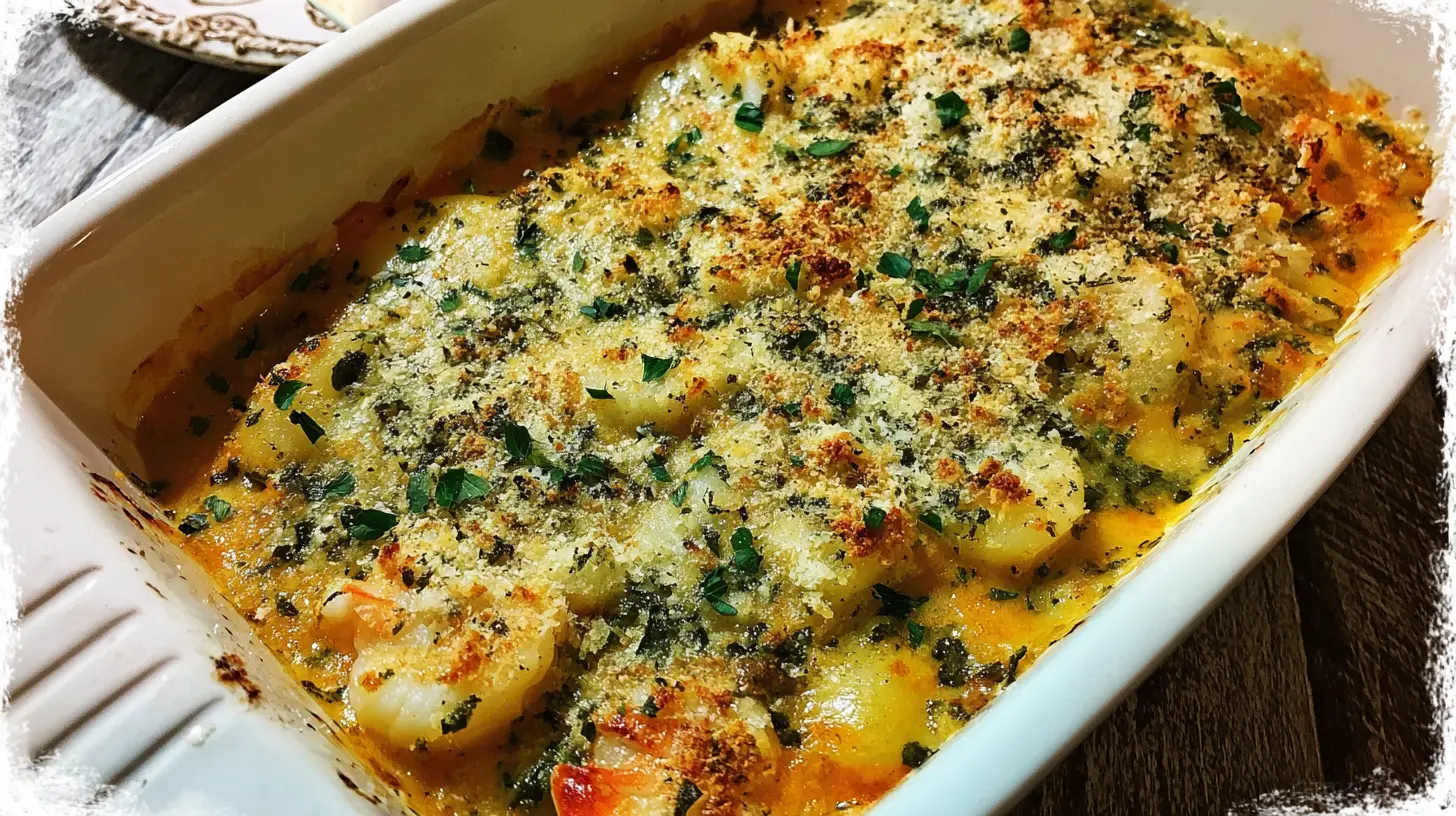 A bubbling hot seafood gratin, freshly baked and golden brown.