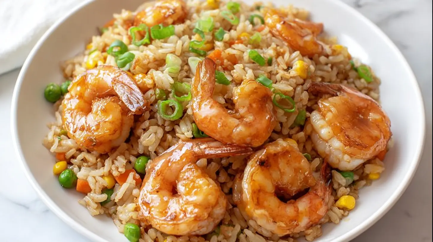 A vibrant bowl of shrimp and rice, garnished with fresh herbs.