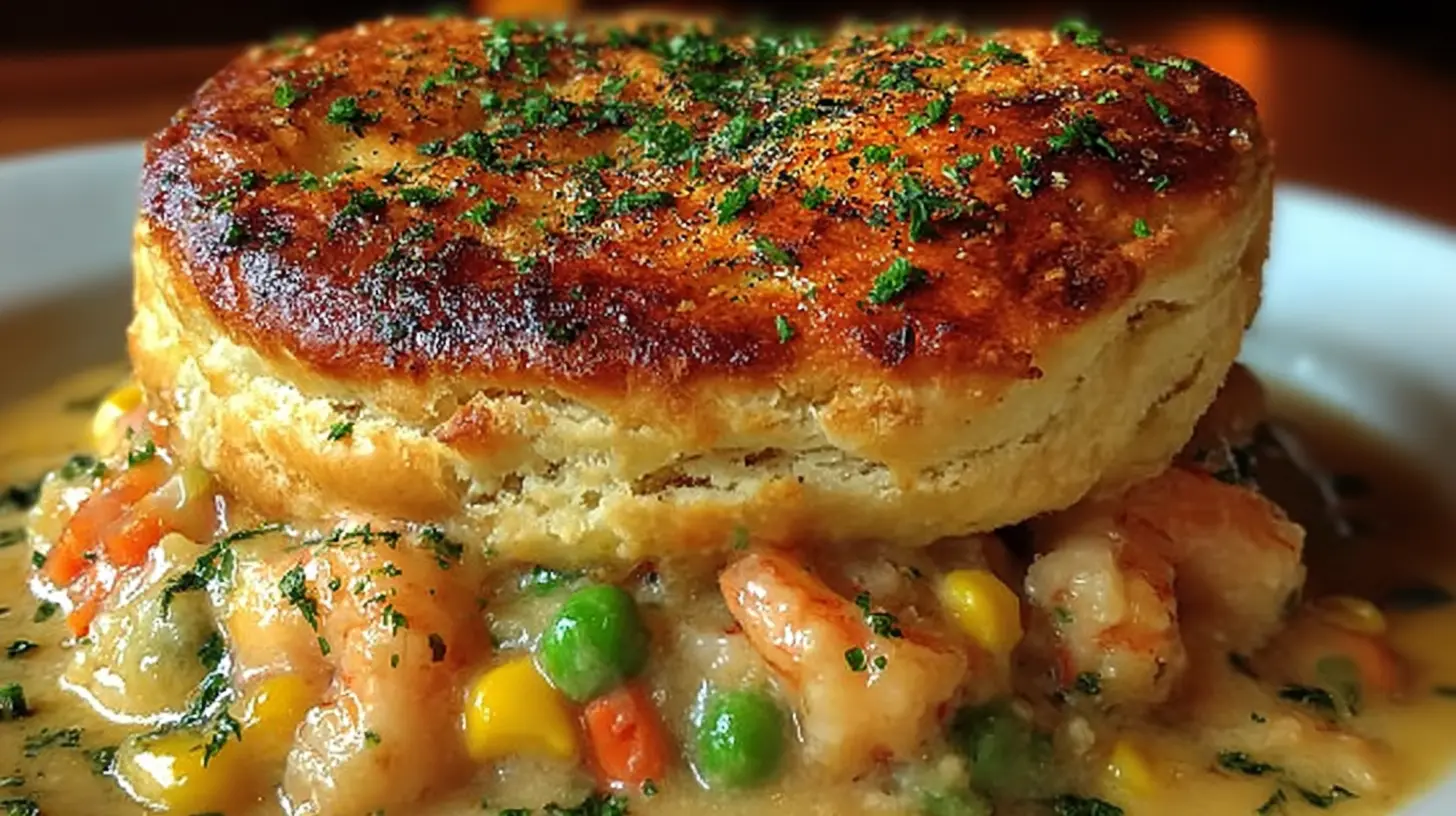 A steaming Shrimp & Lobster Cheddar Bay Biscuit Pot Pie, rich with seafood and a golden biscuit topping.