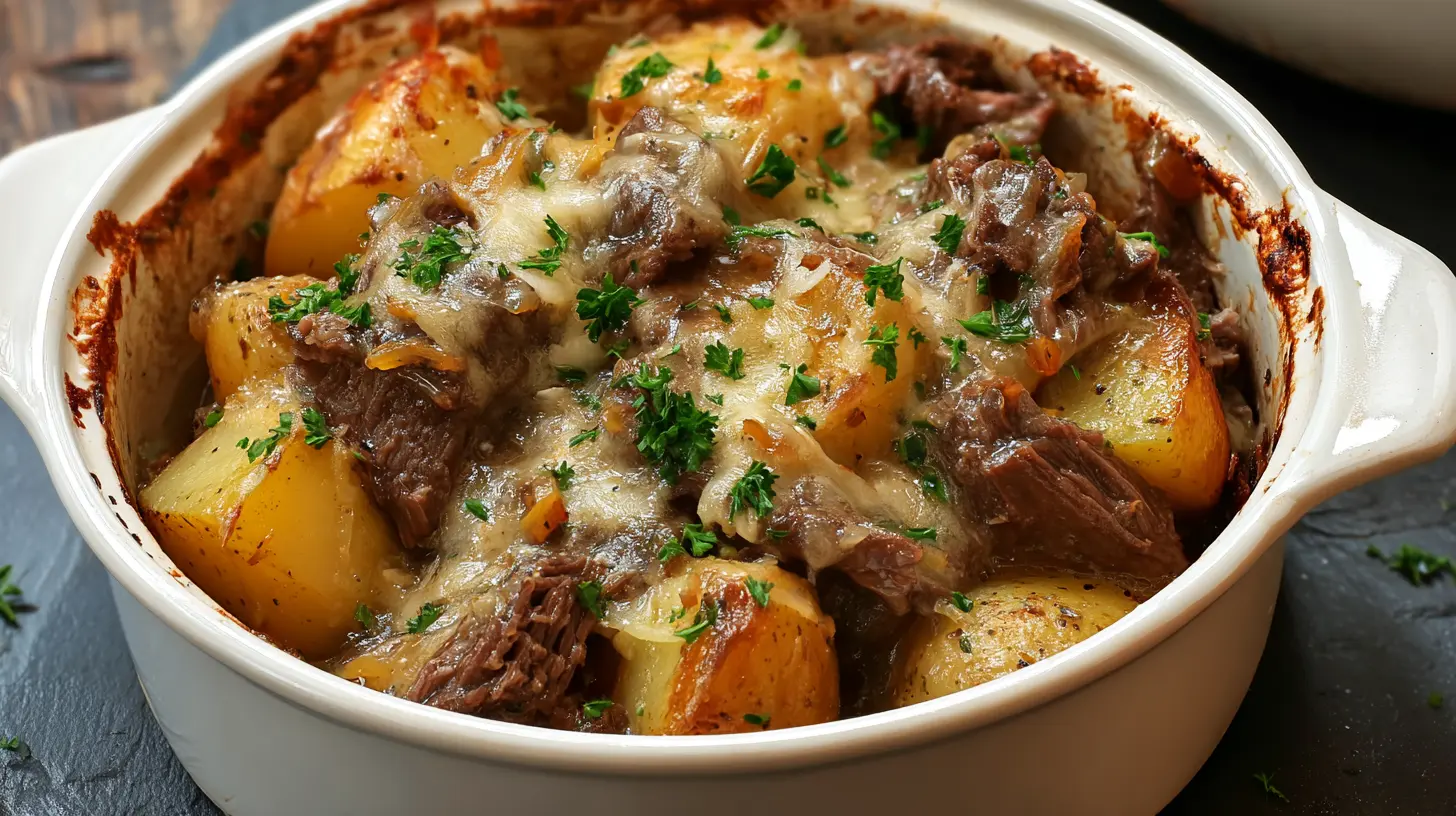 Crockpot Loaded Steak and Potato Bake: 5 Easy Steps 1 Delicious slow-cooked loaded steak and potato bake in a stoneware pot.
