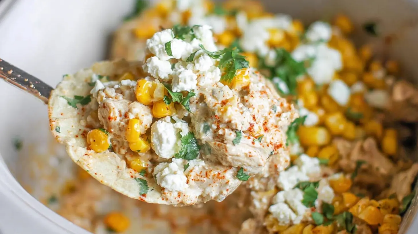 A close-up of slow cooker street corn chicken, garnished with fresh cilantro and cotija cheese.