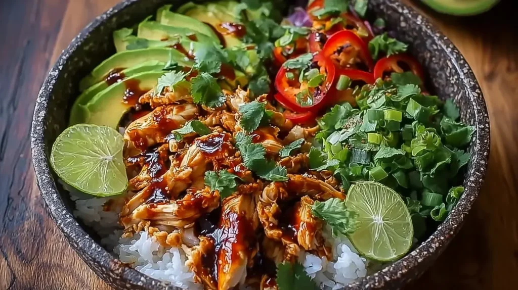 Overhead shot of a Honey Chipotle Chicken Bowl with colorful ingredients
