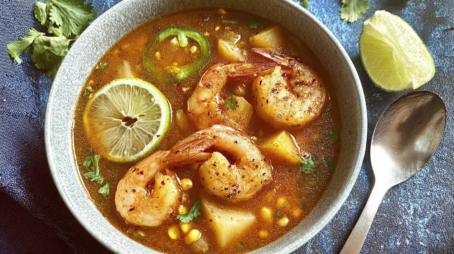 A steaming bowl of vibrant red spicy shrimp soup garnished with fresh herbs.