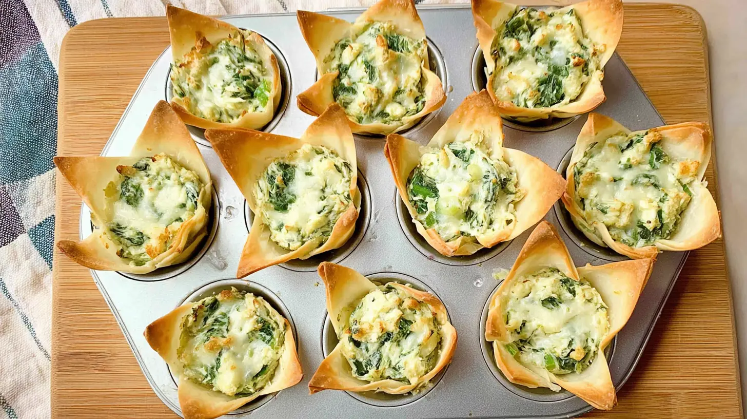 Spinach and artichoke dip cups displayed on a platter