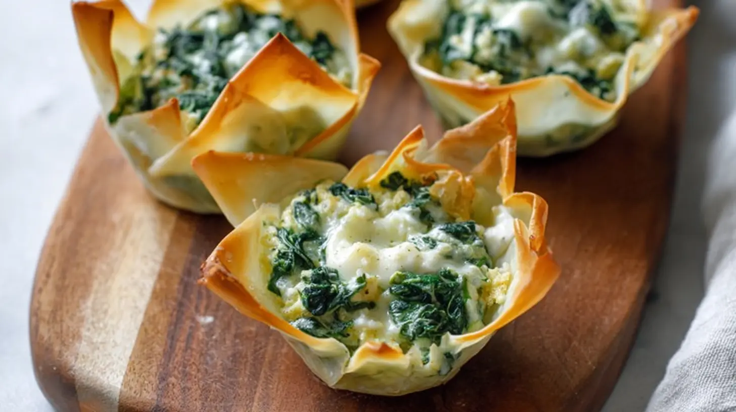 Crispy spinach and artichoke wonton cups appetizer