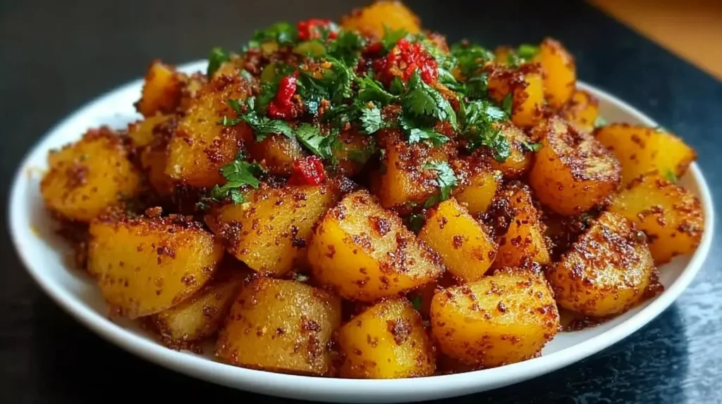 Close-up of vibrant spicy street potatoes, ready to eat.
