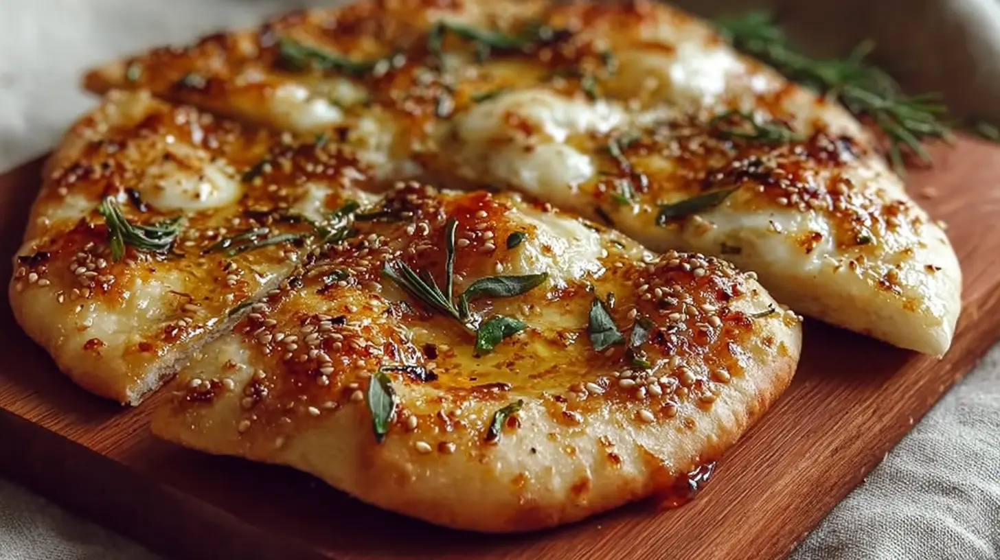 Sweet Heat Honey Garlic Flatbread Pizza with melted cheese and fresh herbs