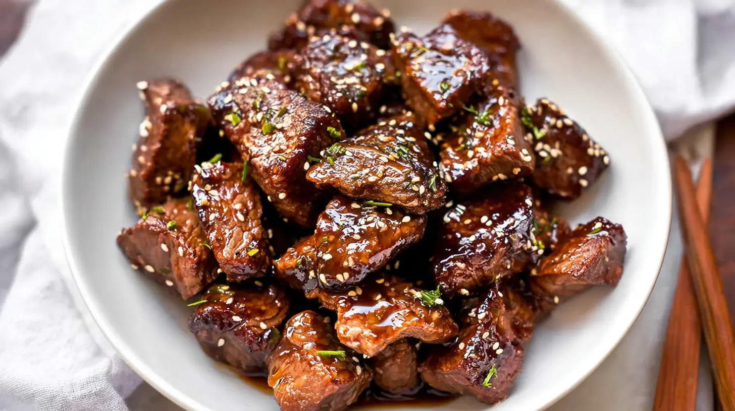 Sweet and Sticky Steak Bites: How to Make 2-Minute Magic. 2 A close-up of sweet and sticky steak bites drizzled with glaze.