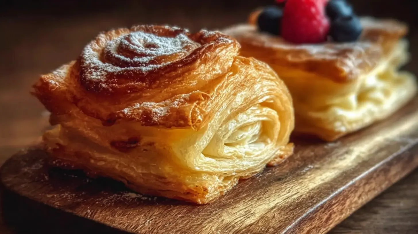 A variety of golden-brown puff pastry desserts arranged artfully on a serving dish.